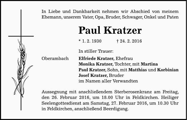 Todesanzeige Paul Kratzer, *01.02.1930 †24.02.2016