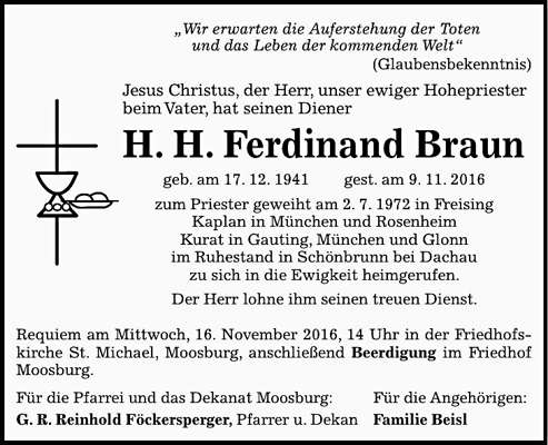 Todesanzeige H.H. Ferdinand Braun, *17.12.1941 †09.11.2016