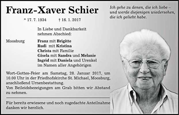 Todesanzeige Franz-Xaver Schier, *17.07.1934 †16.01.2017