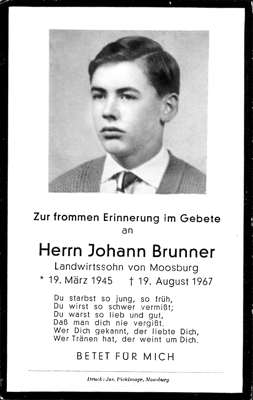 Sterbebildchen Johann Brunner, *19.03.1945 †19.08.1967