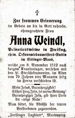 Sterbebildchen Anna Weindl, *1833 †08.11.1912