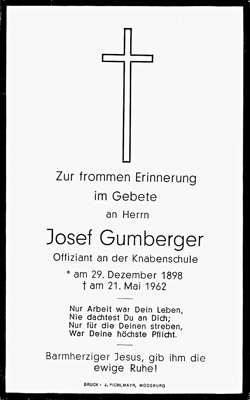 Sterbebildchen Josef Gumberger, *29.12.1898 †21.05.1962