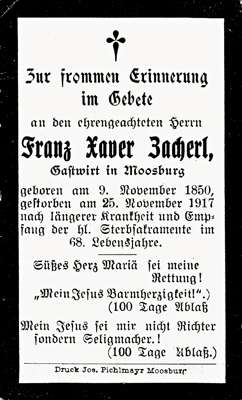 Sterbebildchen Franz Xaver Zacherl, *09.11.1850 †25.11.1917