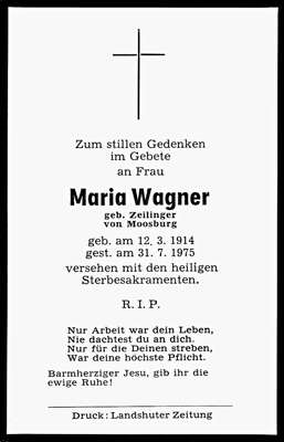 Sterbebildchen Maria Wagner, *12.03.1914 †31.07.1975