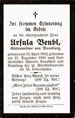Sterbebildchen Ursula Beubl, *15.04.1842 †21.12.1916