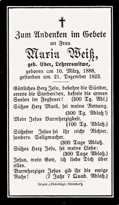 Sterbebildchen Maria Wei, *10.03.1888 †21.12.1923
