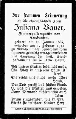 Sterbebildchen Juliana Bauer, *10.01.1857 †01.02.1913