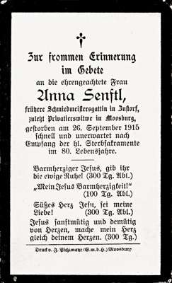 Sterbebildchen Anna Senftl, *1835 †26.09.1915
