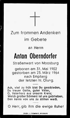 Sterbebildchen Anton Oberndorfer, *31.05.1902 †23.03.1964