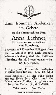 Sterbebildchen Anna Lechner, *03.12.1856 †19.10.1918