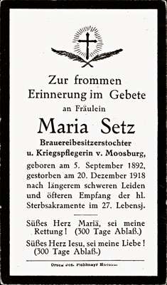 Sterbebildchen Maria Setz, *05.09.1892 †20.12.1918