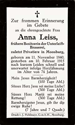 Sterbebildchen Anna Leiss, *11.11.1840 †10.02.1915