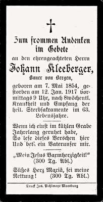 Sterbebildchen Johann Kleeberger, *07.05.1854 †12.01.1917