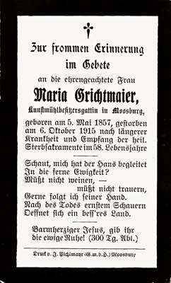 Sterbebildchen Maria Grichtmaier, *05.05.1857 †06.10.1915