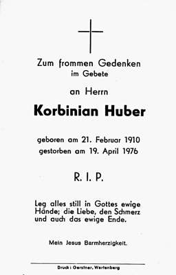 Sterbebildchen Korbinian Huber, *21.02.1910 †19.04.1976