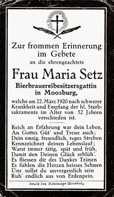 Sterbebildchen Maria Setz, *31.01.1868 †22.03.1920