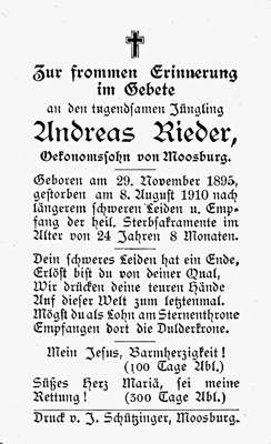 Sterbebildchen Andreas Rieder, *29.11.1895 †08.08.1910