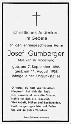 Sterbebildchen Josef Gumberger, *07.09.1886 †11.08.1958