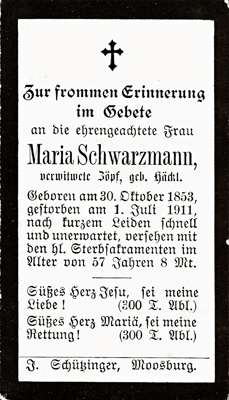 Sterbebildchen Maria Schwarzmann, *30.10.1853 †01.07.1911