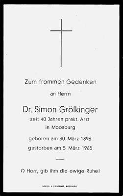 Sterbebildchen Dr. Simon Grlkinger, *30.03.1896 †05.03.1965