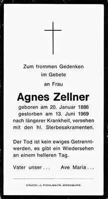 Sterbebildchen Agnes Zellner, *20.01.1886 †13.06.1969