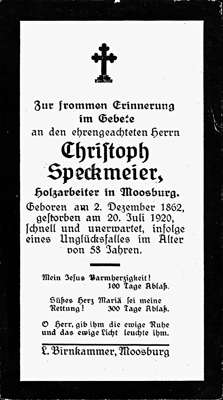 Sterbebildchen Christoph Speckmeier, *02.12.1862 †20.07.1920