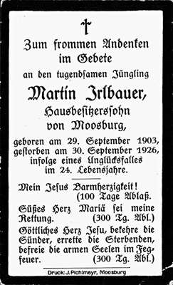 Sterbebildchen Martin Irlbauer, *29.09.1903 †30.09.1926