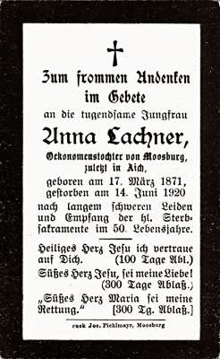Sterbebildchen Anna Lachner, *17.03.1871 †14.06.1920