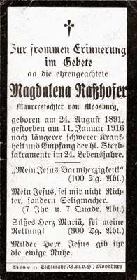 Sterbebildchen Magdalena Rahofer, *24.08.1891 †11.01.1916