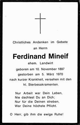 Sterbebildchen Ferdinand Mineif, *10.11.1897 †05.03.1970