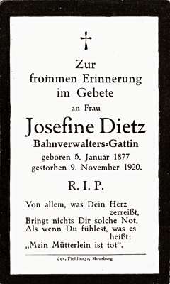 Sterbebildchen Josefine Dietz, *05.01.1877 †09.11.1920