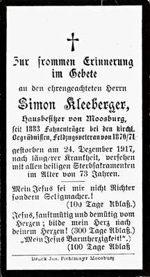 Sterbebildchen Simon Kleeberger, *1844 †24.12.1917