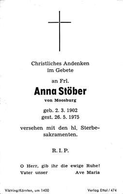 Sterbebildchen Anna Stber, *02.03.1902 †26.05.1975