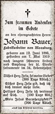 Sterbebildchen Johann Bauer, *12.06.1885 †07.05.1919