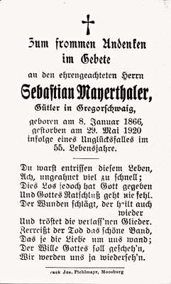 Sterbebildchen Sebastian Mayerthaler, *08.01.1866 †29.05.1920
