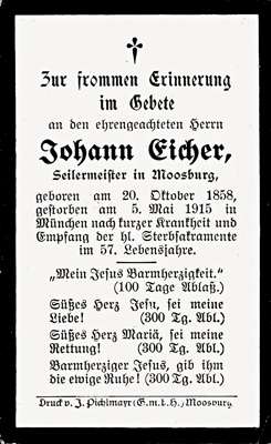 Sterbebildchen Johann Eicher, *20.10.1858 †05.05.1915