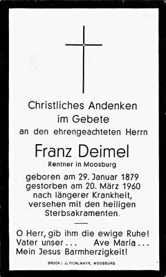 Sterbebildchen Franz Deimel, *29.01.1879 †20.03.1960
