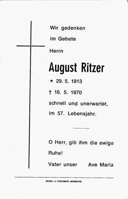 Sterbebildchen August Ritzer, *29.05.1913 †16.05.1970