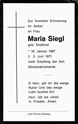 Sterbebildchen Maria Siegl, *16.01.1897 †03.06.1971