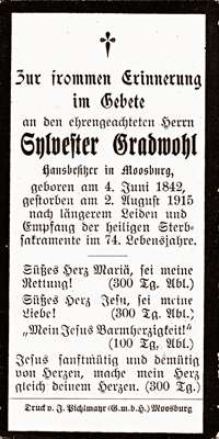 Sterbebildchen Sylvester Gradwohl, *04.06.1842 †02.08.1915