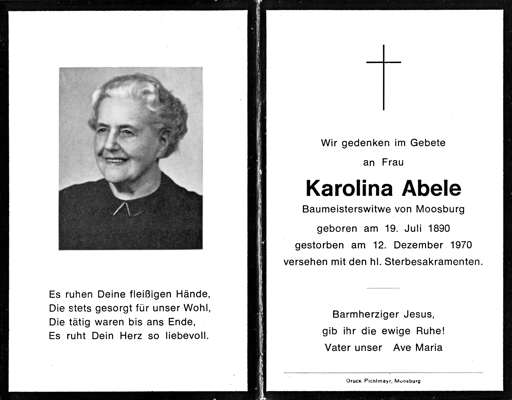 Sterbebildchen Karolina Abele, *19.07.1890 †12.12.1970