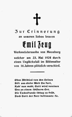 Sterbebildchen Emil Zeug, *1908 †23.05.1924