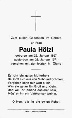 Sterbebildchen Paula Hlzl, *25.01.1897 †23.01.1971