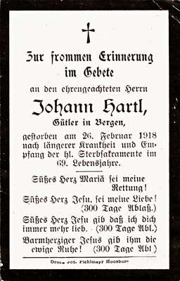 Sterbebildchen Johann Hartl, *1849 †26.02.1918