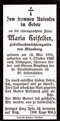 Sterbebildchen Maria Trifelder, *12.05.1881 †01.10.1920