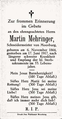 Sterbebildchen Martin Mehringer, *06.11.1864 †17.06.1917