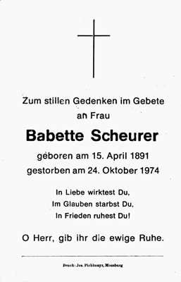 Sterbebildchen Babette Scheurer, *15.04.1891 †24.10.1974