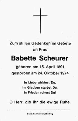 Sterbebildchen Babette Scheurer, *15.04.1891 †24.10.1974