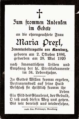 Sterbebildchen Maria Prexl, *02.10.1886 †28.05.1920