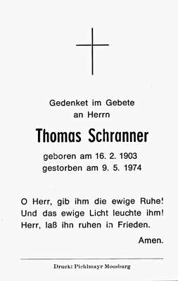 Sterbebildchen Thomas Schranner, *16.02.1903 †09.05.1974